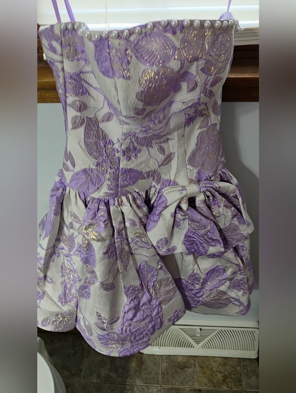 Lavender Floral Jacquard Homecoming Dress with Gold Detail